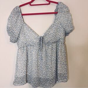 Louna Babydoll Top Sz XS Blue Floral Daisy Chiffon 90s Prairie Cottagecore Shirt